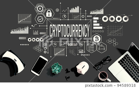 Cryptocurrency with electronic gadgets and office supplies Cryptocurrency with electronic gadgets and office supplies 94589318
