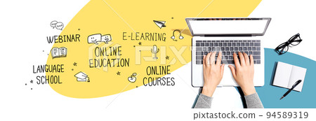 Online education theme with person using a laptop Online education theme with person using a laptop 94589319