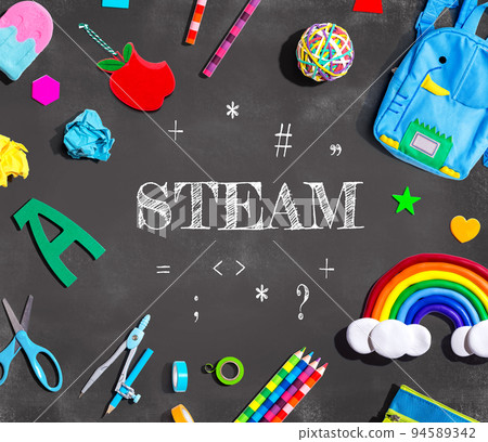 STEAM theme with school supplies on a chalkboard 94589342