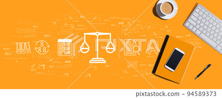 Legal advice service concept with computer keyboard and office items Legal advice service concept with computer keyboard and office items 94589373
