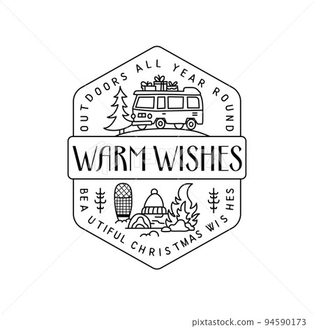 Camping christmas badge design with RV trailer in line monochrome art style and quote - Warm wishes. Travel logo graphics. Stock vector label 94590173