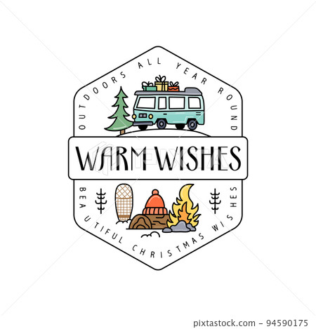Camping christmas badge design with RV trailer in line colorful art style and quote - Warm wishes. Travel logo graphics. Stock vector label Camping christmas badge design with RV trailer in line colorful art style and quote - Warm wishes. Travel logo graphics. Stock vector label 94590175