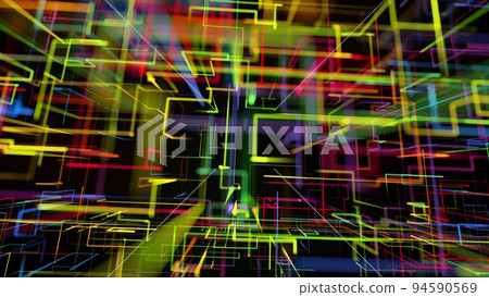 3d rendering sci-fi bg like abstract hologram. Multicolor neon glow lines form digital 3d space. Connection concept, visualization of multiple calculations of various branches neural network or AI 3d rendering sci-fi bg like abstract hologram. Multicolor neon glow lines form digital 3d space. Connection concept, visualization of multiple calculations of various branches neural network or AI 94590569