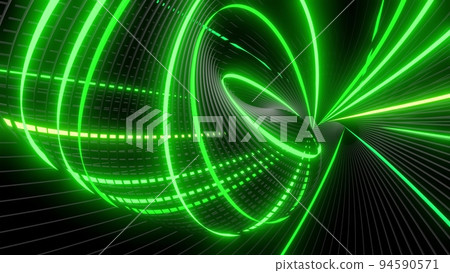3d render. Abstract geometric bg with rings form complex twisted spiral and light effects. Rings flash neon green lights. Neon ring bulbs for show or events, festivals or concerts 94590571