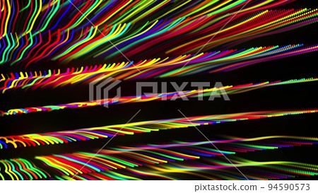 3d render. Motion design background. Festive bg with multicolored particles. Abstract 3d bg with glow particles lined up in a row along curved waving lines in 3d space. 3d render. Motion design background. Festive bg with multicolored particles. Abstract 3d bg with glow particles lined up in a row along curved waving lines in 3d space. 94590573