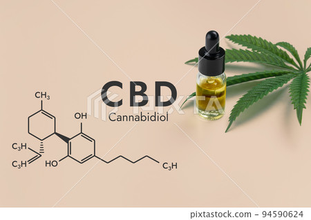 Legalized CBD oil in container with green hemp leaf and biochemistry formula. 94590624