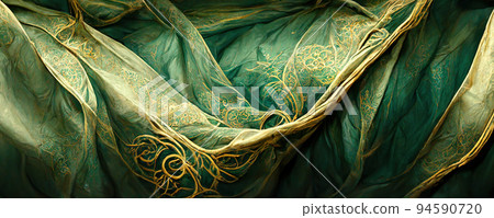 Spectacular and luxurious green and golden fabric. Digital art 3D illustration. Spectacular and luxurious green and golden fabric. Digital art 3D illustration. 94590720