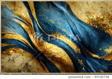 Spectacular dark blue and gold ink swirled around. Digital art 3D illustration. Spectacular dark blue and gold ink swirled around. Digital art 3D illustration. 94590746