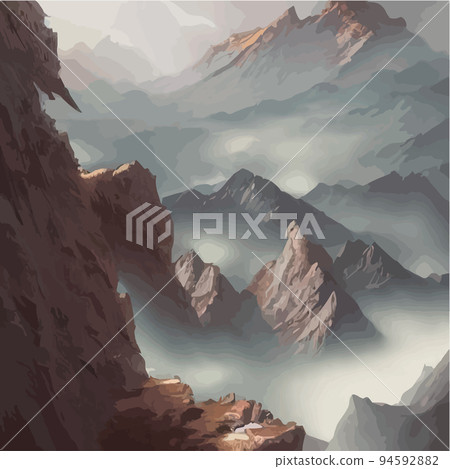 Realistic illustration of a mountain landscape with hills and coniferous forest under retro. Smoke mountains. vector landscape for your design. Magic hill silhouette. Realistic illustration of a mountain landscape with hills and coniferous forest under retro. Smoke mountains. vector landscape for your design. Magic hill silhouette. 94592882