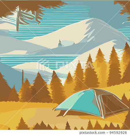 Autumn. Morning landscape in the mountains. Solitude in nature against the backdrop of mountains. Weekend in a tent in the autumn colorful forest. hiking and camping. Vector flat illustration Autumn. Morning landscape in the mountains. Solitude in nature against the backdrop of mountains. Weekend in a tent in the autumn colorful forest. hiking and camping. Vector flat illustration 94592926