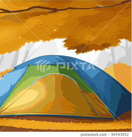 Vector illustration camping site with tent in autumn forest with wildlife trees Autumn mood square frame that can used for print designs greeting cards Camping autumn scene Forest walking landscape  94593052