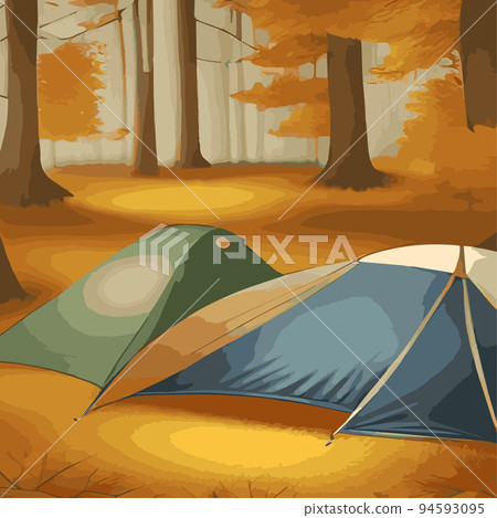 Vector illustration camping site with tent in autumn forest with wildlife trees Autumn mood square frame that can be used for print designs greeting cards Camping autumn scene Forest walking landscape Vector illustration camping site with tent in autumn forest with wildlife trees Autumn mood square frame that can be used for print designs greeting cards Camping autumn scene Forest walking landscape 94593095