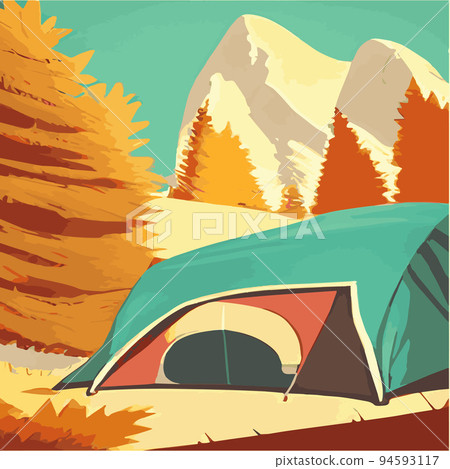 Autumn. Morning landscape in the mountains. Solitude in nature against the backdrop of mountains. Weekend in a tent in the autumn colorful forest. hiking and camping. Vector flat illustration 94593117