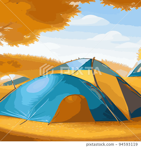 Vector illustration camping site with tent in autumn forest with wildlife trees Autumn mood square frame that can used for print designs greeting cards Camping autumn scene Forest walking landscape Vector illustration camping site with tent in autumn forest with wildlife trees Autumn mood square frame that can used for print designs greeting cards Camping autumn scene Forest walking landscape 94593119