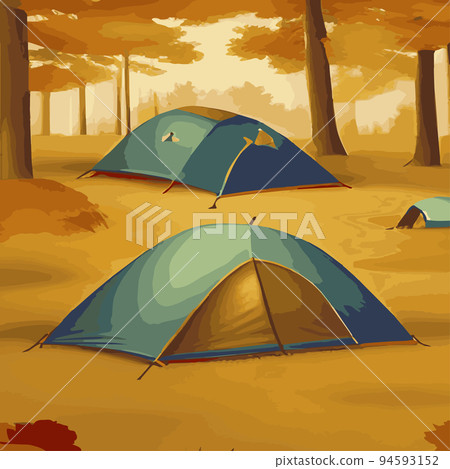 Vector illustration camping site with tent in autumn forest with wildlife trees Autumn mood square frame that can be used for print designs greeting cards Camping autumn scene Forest walking landscape Vector illustration camping site with tent in autumn forest with wildlife trees Autumn mood square frame that can be used for print designs greeting cards Camping autumn scene Forest walking landscape 94593152