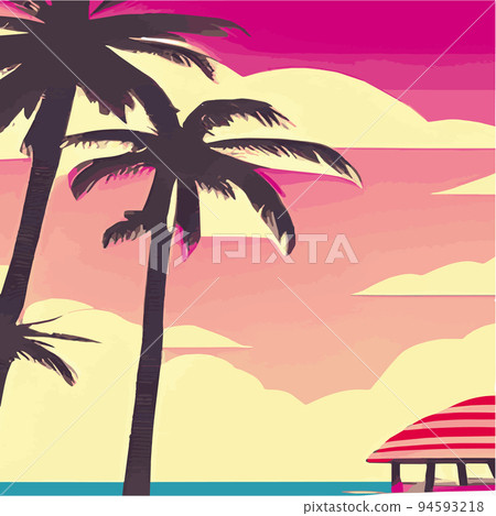 Vintage palm trees beach. Abstract background with sunny gradient. Palm trees silhouettes. Vector design template for logo Summer vacation. Sunset with palm trees colored background Vintage palm trees beach. Abstract background with sunny gradient. Palm trees silhouettes. Vector design template for logo Summer vacation. Sunset with palm trees colored background 94593218