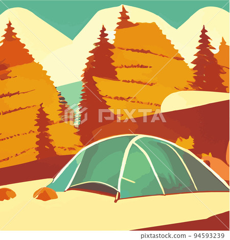 Autumn. Morning landscape in the mountains. Solitude in nature against the backdrop of mountains. Weekend in a tent in the autumn colorful forest. hiking and camping. Vector flat illustration Autumn. Morning landscape in the mountains. Solitude in nature against the backdrop of mountains. Weekend in a tent in the autumn colorful forest. hiking and camping. Vector flat illustration 94593239