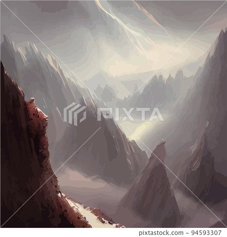 Realistic illustration of a mountain landscape with hills and coniferous forest under retro. Smoke mountains. vector landscape for your design. Magic hill silhouette. 94593307