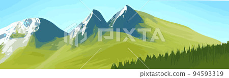 Spring landscape with mountain, blue sky and clouds, panorama green fields, fresh and peaceful rural nature in spring with green grassy ground. Cartoon illustration for spring and summer banner 94593319