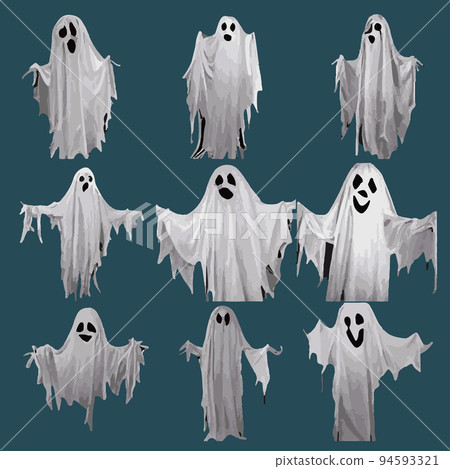 Set of spooky ghosts, spirits, scary halloween characters isolated on black background. Vector cartoon illustration of a flying white phantom smiling, happy and angry 94593321