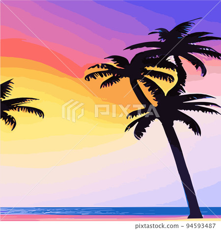 Vintage palm trees on the beach. Abstract background with sunny gradient. Palm trees silhouettes. Vector design template for logo, icons. Summer vacation. Sunset with palm trees on colored background 94593487