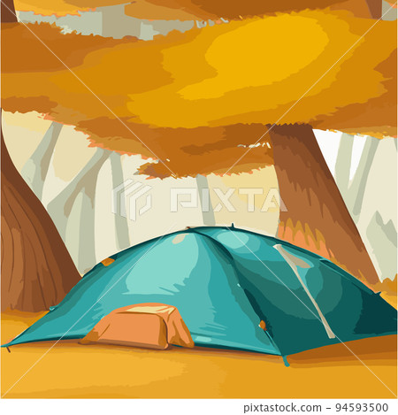 Vector illustration camping site with tent in autumn forest with wildlife trees Autumn mood square frame that can used for print designs greeting cards Camping autumn scene Forest walking landscape Vector illustration camping site with tent in autumn forest with wildlife trees Autumn mood square frame that can used for print designs greeting cards Camping autumn scene Forest walking landscape 94593500