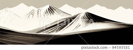 vintage monochrome mountain range banner illustration, Elegant vintage drawing of Rocky cliff or mountain. Monochrome vector illustration 94593581