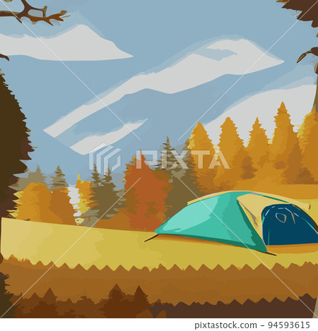 Autumn. Morning landscape in the mountains. Solitude in nature against the backdrop of mountains. Weekend in a tent in the autumn colorful forest. hiking and camping. Vector flat illustration 94593615