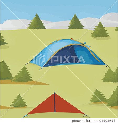 Camping tent near green forest and mountains. Summer or spring landscape. Cartoon tourist camp with a picnic place and a tent among the forests, mountain landscape. Vector illustration in flat style Camping tent near green forest and mountains. Summer or spring landscape. Cartoon tourist camp with a picnic place and a tent among the forests, mountain landscape. Vector illustration in flat style 94593651