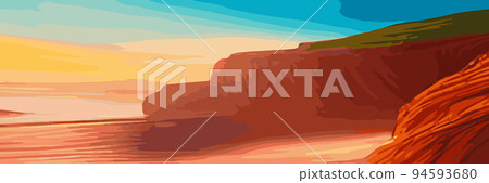 Panorama sea sunset or sunrise with rocks on seashore. Vector illustration of water and sky horizon, sun reflection. Dusk or dawn, evening or morning beach landscape. Landscape or island background 94593680