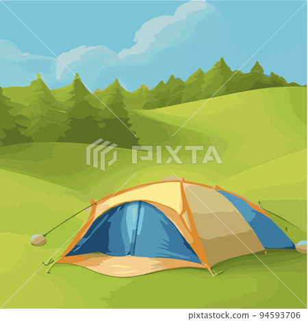 Camping tent near green forest and mountains. Summer or spring landscape. Cartoon tourist camp with a picnic place and a tent among the forests, mountain landscape. Vector illustration in flat style 94593706