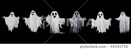 Creepy Halloween background with flying ghosts on black background. scary phantoms banner vector Realistic ghost set. Halloween Scary ghoul or ghostly illustration. Creepy Halloween background with flying ghosts on black background. scary phantoms banner vector Realistic ghost set. Halloween Scary ghoul or ghostly illustration. 94593758