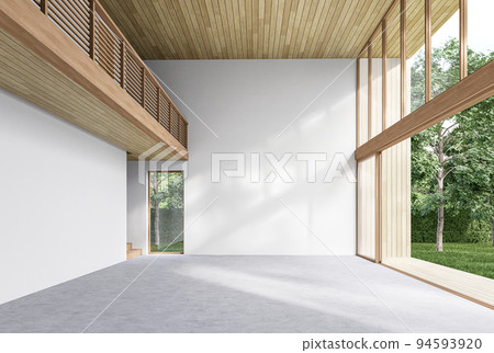Modern contemporary empty hall with open sliding door overlooking nature view 3d render 94593920