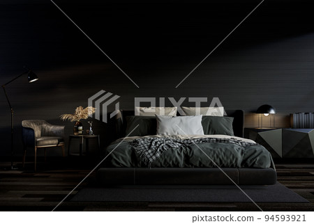 Modern style black bedroom interior with empty wall 3d render 94593921