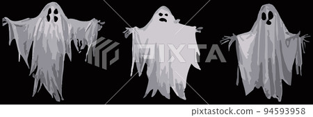 Creepy Halloween background with flying ghosts on black background. scary phantoms banner vector Realistic ghost set. Halloween Scary ghoul or ghostly illustration. Creepy Halloween background with flying ghosts on black background. scary phantoms banner vector Realistic ghost set. Halloween Scary ghoul or ghostly illustration. 94593958