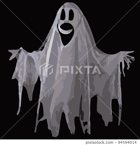 spooky ghosts, spirits, scary halloween characters isolated on black background. Vector cartoon illustration of a flying white phantom smiling, happy and angry 94594014