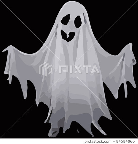 spooky ghosts, spirits, scary halloween characters isolated on black background. Vector cartoon illustration of a flying white phantom smiling, happy and angry 94594060