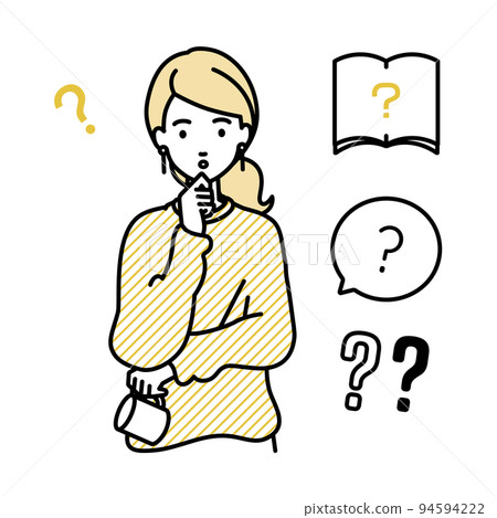 一組遠程工作的女性問號站著,雙手放在下巴上感到懷疑 一組遠程工作的女性問號站著,雙手放在下巴上感到懷疑 94594222