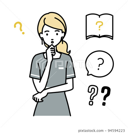 A set of question marks for a female beauty salon clerk, receptionist, and customer service clerk standing and feeling doubts with her hand on her chin A set of question marks for a female beauty salon clerk, receptionist, and customer service clerk standing and feeling doubts with her hand on her chin 94594223