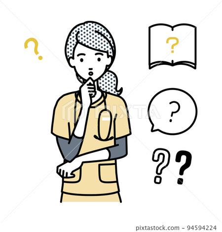 一組問號:一名護士站著,雙手放在下巴上感到懷疑 一組問號:一名護士站著,雙手放在下巴上感到懷疑 94594224