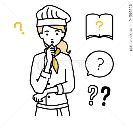 一組女廚師的問號,她站著,雙手放在下巴上感到懷疑 一組女廚師的問號,她站著,雙手放在下巴上感到懷疑 94594226