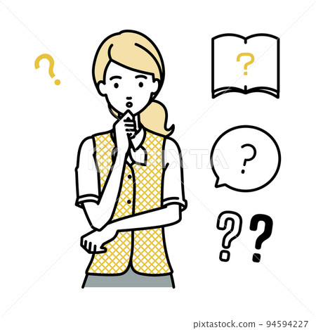 A set of question marks for a woman in a clerk uniform who is standing and feeling doubts with her hands on her chin A set of question marks for a woman in a clerk uniform who is standing and feeling doubts with her hands on her chin 94594227