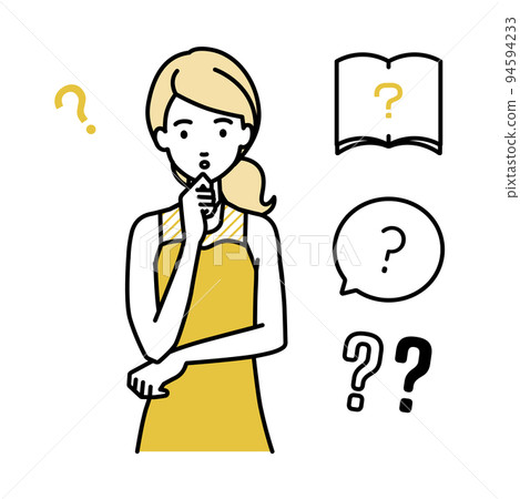 A set of question marks for a woman in a dress who stands and puts her hands on her chin and feels doubts A set of question marks for a woman in a dress who stands and puts her hands on her chin and feels doubts 94594233