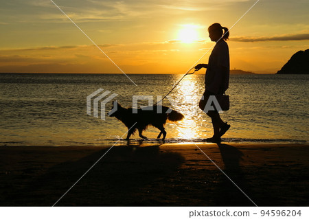 Zushi beach at dusk, silhouette of a dog walker Zushi beach at dusk, silhouette of a dog walker 94596204