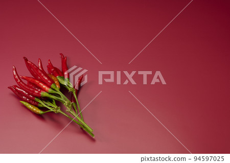 Red pepper with branch (middle branch) placed on the lower left Red background photography Red pepper with branch (middle branch) placed on the lower left Red background photography 94597025