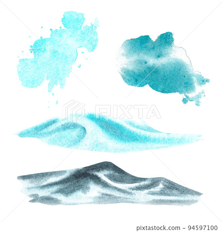 Waves and splashes of water. Watercolor illustration. Isolated on a white background. Waves and splashes of water. Watercolor illustration. Isolated on a white background. 94597100