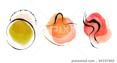 Watercolor abstract modern geometric graphic element banners in green orange pink colors, vector 94597469