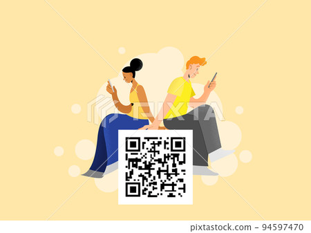 Young woman and young man sitting and looking at smartphone screen with qr code 94597470