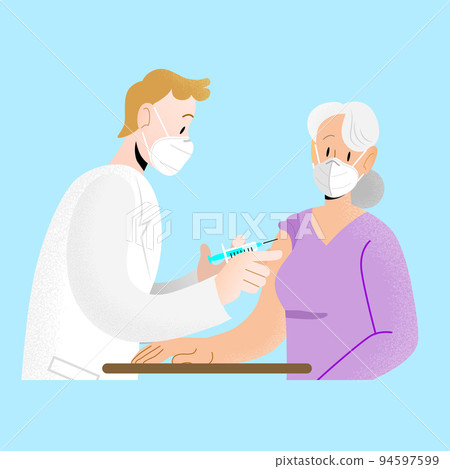 Doctor and patient with ffp2 kn95 white masks- Senior vaccination 94597599