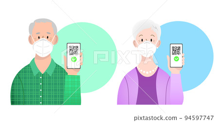 Old man and woman with ffp2 kn95 masks holding smartphone with QR code on screen-digital sanitary pass Old man and woman with ffp2 kn95 masks holding smartphone with QR code on screen-digital sanitary pass 94597747